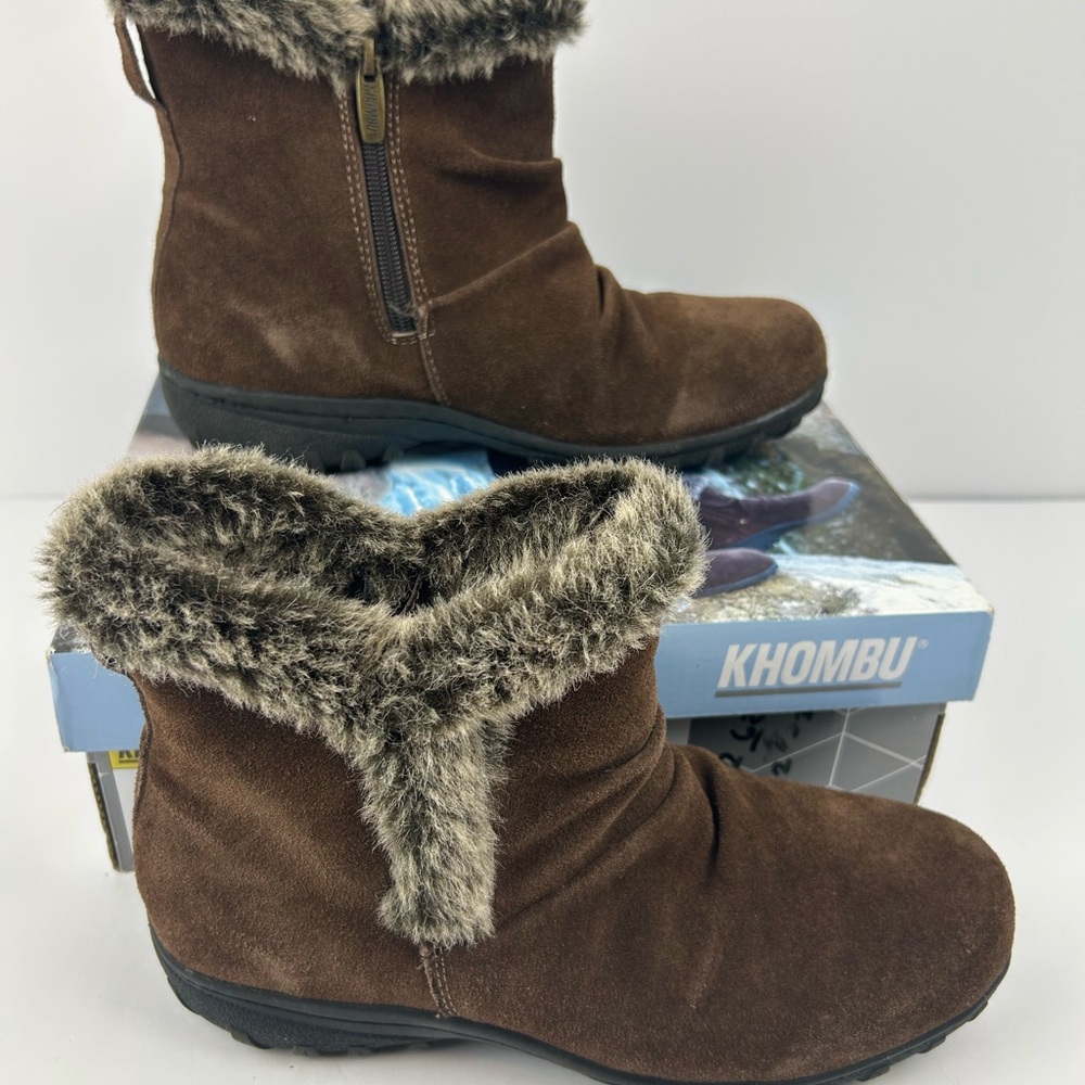 Khombu Lisa Brown Leather Faux Fur Ankle Snow Boots Water Repellent Women's 9